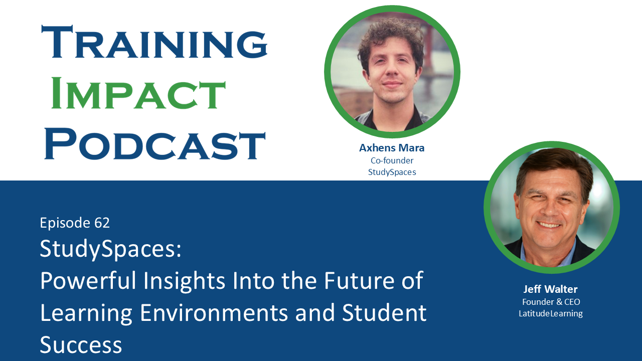 Training Impact Podcast episode featuring Jeff Walter and Axhens Mara discussing how StudySpaces improves learning environments, student engagement, collaboration, and educational performance through intentional space design.