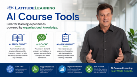 LatitudeLearning AI Course Tools featuring AI Study Guide, AI Coach, and AI Assessment for smarter learning experiences powered by organizational knowledge.