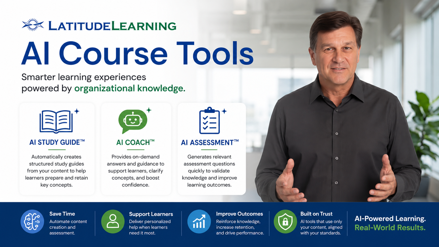 LatitudeLearning AI Course Tools featuring AI Study Guide, AI Coach, and AI Assessment for smarter learning experiences powered by organizational knowledge.