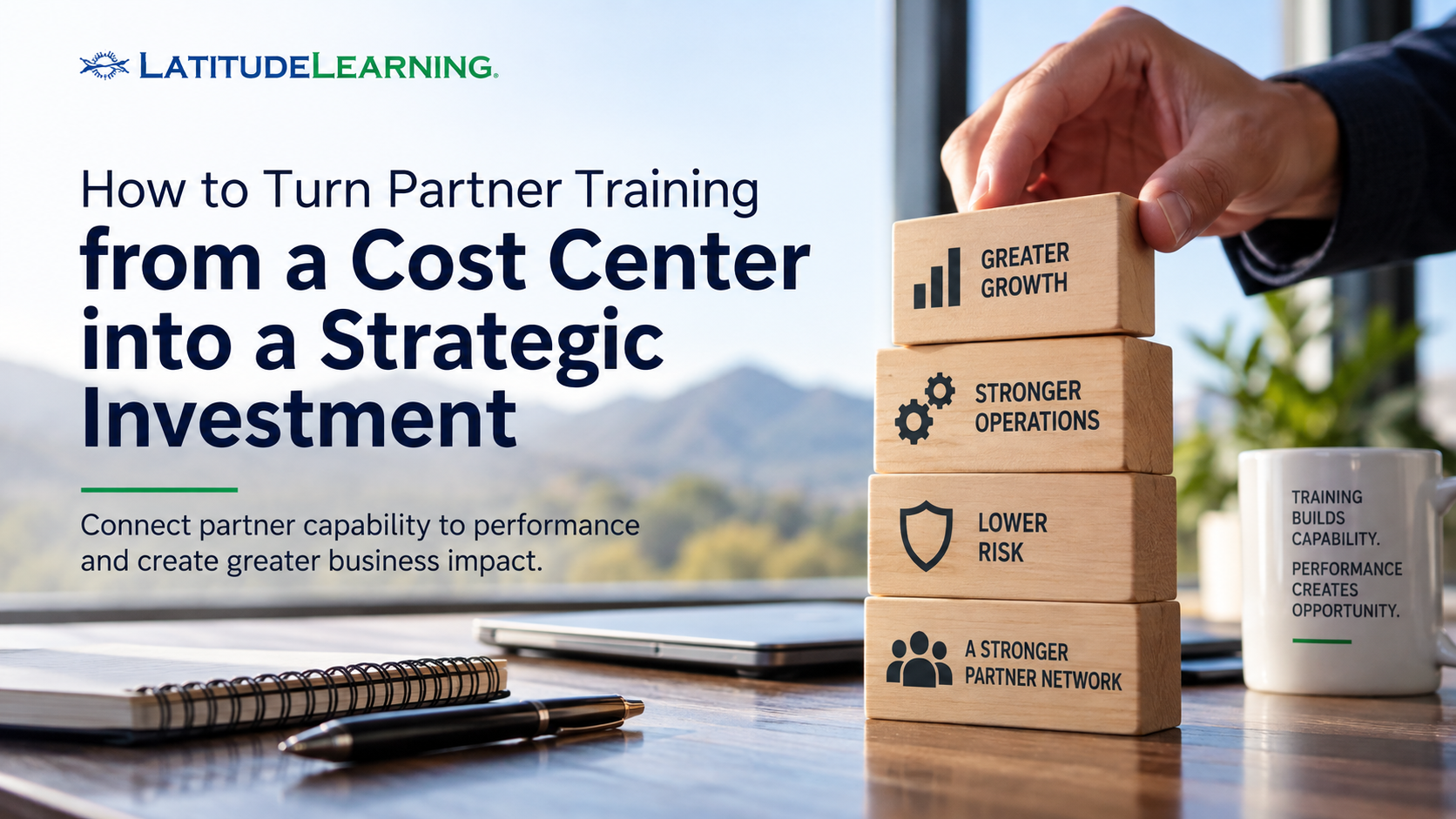 Partner training ROI illustration showing LatitudeLearning’s shift from training as a cost center to a strategic investment that supports growth, stronger operations, lower risk, and partner network performance