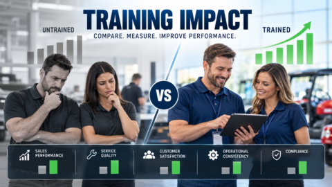 Training Impact_ Untrained vs Trained Training effectiveness comparison showing trained and untrained partner teams, with stronger performance indicators for the trained group across sales, service quality, customer satisfaction, operational consistency, and compliance.
